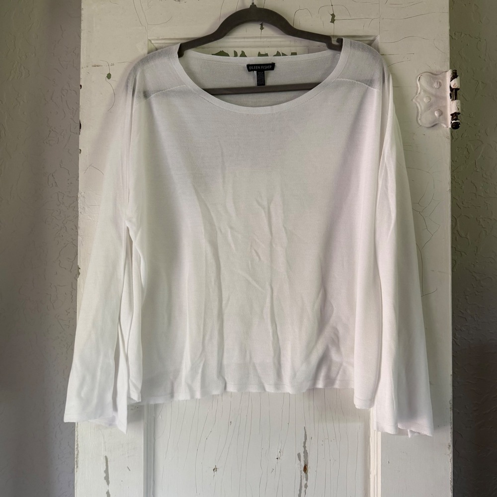 Eileen Fisher White Fine Knit Boxy Sweater Large Long Sleeve Scoop Neck Sheer